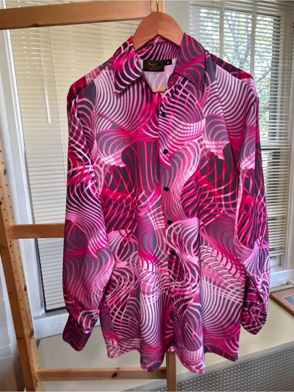 Monzini 70s Abstract Disco Dress-Shirt Button Down in Pink & Black - Medium